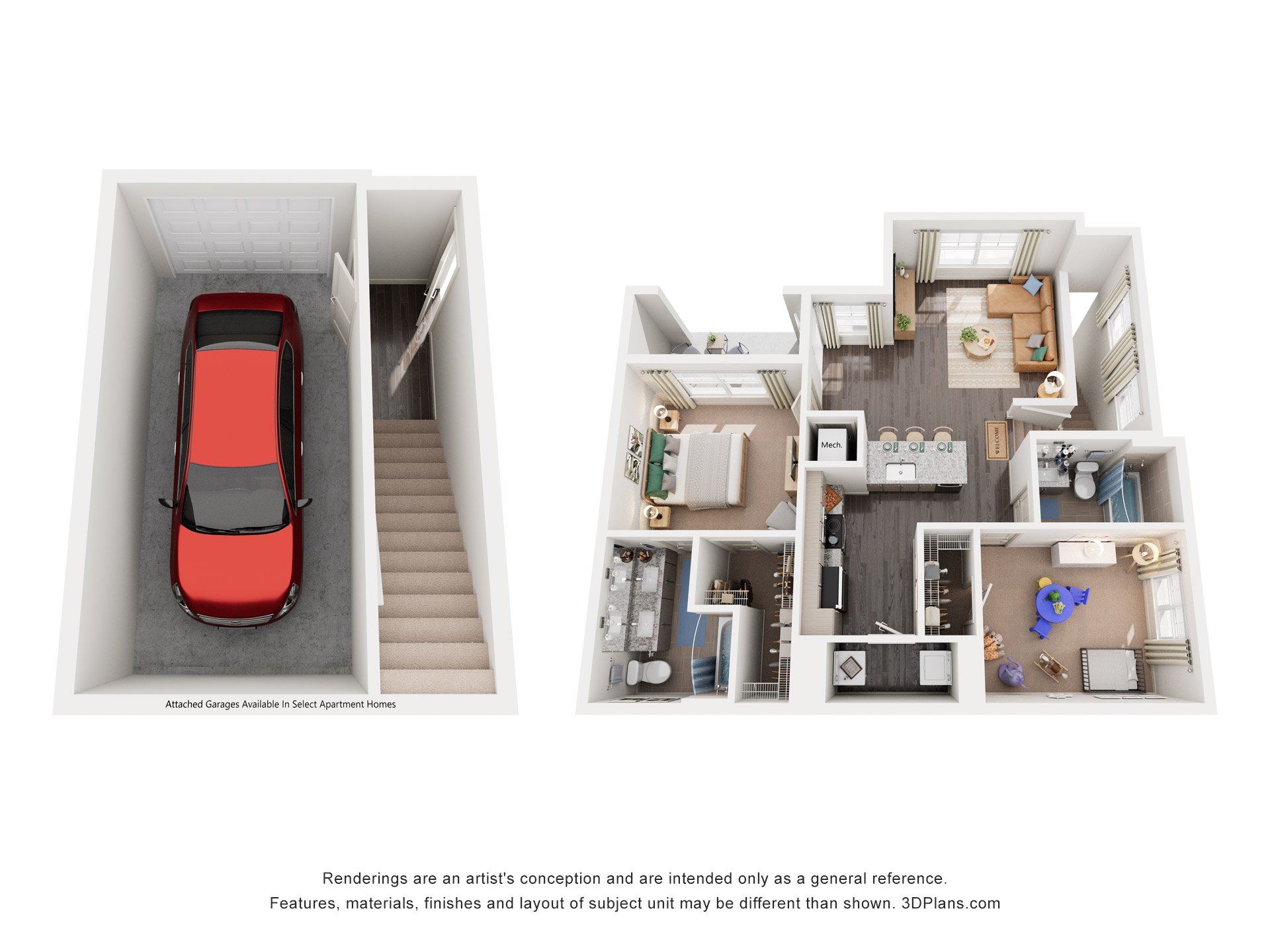 Floor plan for 2 beds, 2 baths, 1049 sqft